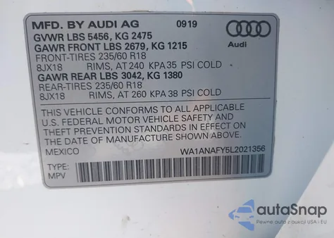 2020 Audi Q5 Premium 45 Tfsi Quattro S Tronic/Titanium Premium 45 Tfsi Quattro S Tronic из США, поврежденный, VIN WA1ANAFY5L2021356